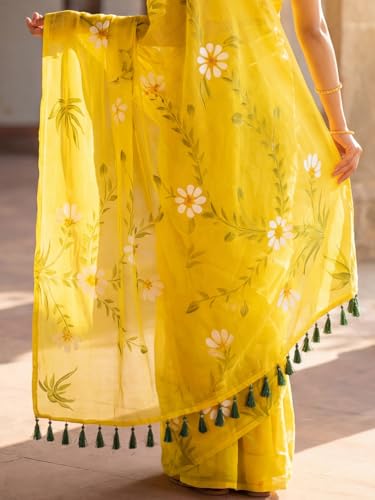 Image of AKHILAM Women's Cotton Saree with White Daisy Floral Prints Tassel Pallu Lightweight Summer Saree