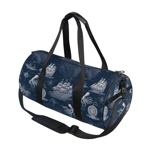 Sailing Boat Sports Duffel Bag Lightweight Barrel Gym Bag with Multiple Compartments, Adjustable Strap and Full Print Design for Sports Workout and Short Trip Essentials