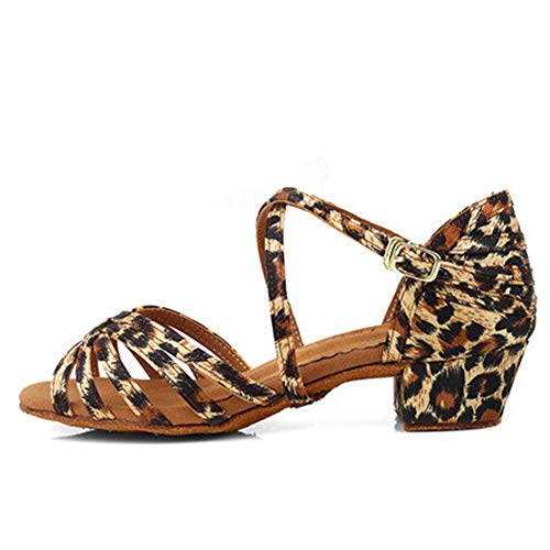 TINRYMX Girls Latin Dance Shoe Satin Practice Party Ballroom Sandels 1.77inch Heel(Little Kid),Leopard,Model WX-TL608,2.5 M Little Kid