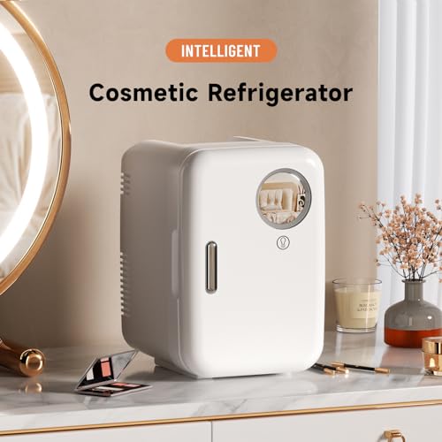 Image of Mini Fridge for Bedroom, 4L /6 Cans Small Cosmetic Fridge for Skincare, Makeup & Drink, With LED Light Mirror, Portable Desk Fridge Cooler and Warmer for Kids, Car, Office, Dorm, White