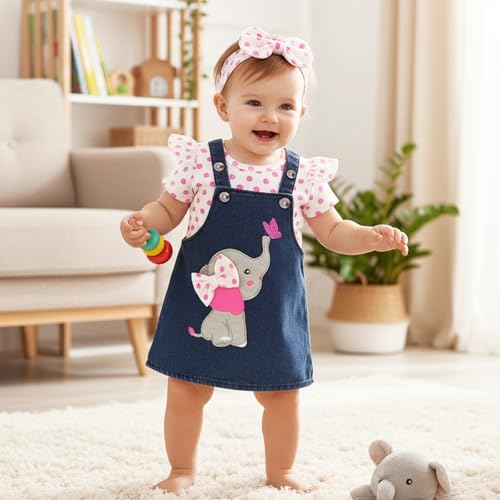 Image of Baby Girl Clothes Newborn Ruffle Romper Elephant Jeans Skirt 0-18M | Soft Romper, Adjustable Jean Skirt with Headband Elephant Butterfly Design, Snap Closure, Everyday Wear