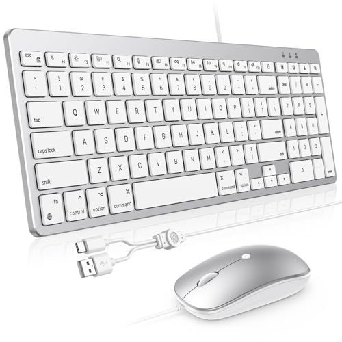 OMOTON Keyboard and Mouse for Mac, Wired Keyboard for Mac with Numeric Pad Dual Interface (Type-C & USB), Mouse with USB A Interface for MacBook Pro/Air, iMac, Mac mini/Pro Laptop, Silver White