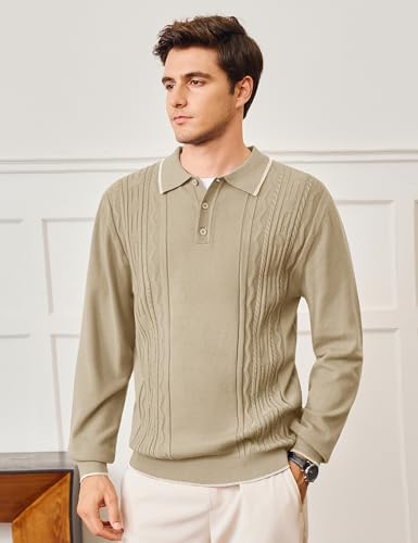 Cotrasen Mens Sweater Polo Long Sleeve Casual Collared Button Textured Sweater Fashion Fall2
