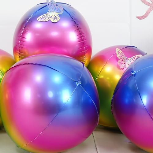 Image of Gradient Rainbow Round Foil Balloons Birthday Prom Decor 22 Inch 6 Pcs | Metallic Multicolor 4D Helium Ball Balloons for Graduation Wedding Anniversary Bachelorette Disco Prom Party Decorations