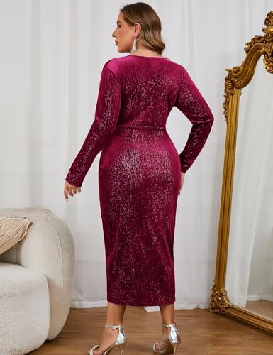 Image of ZOMVA Plus Size Velvet Wrap Dress Ruched Bodycon Dress Long Sleeves Ruffle Long Elegant Party Wedding Guest Cocktail Holiday
