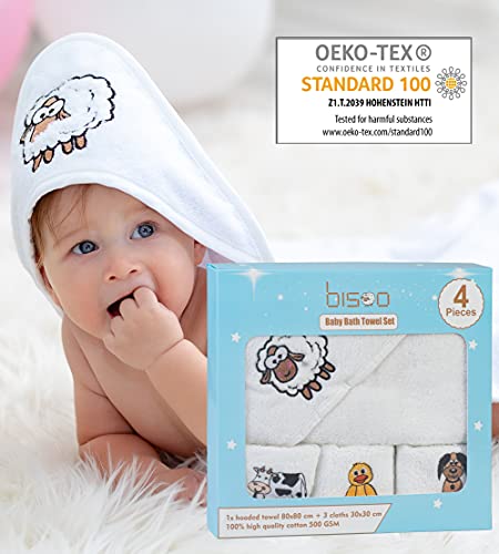 Bisoo Babyhandtuch - Baby-Badetuch-Set für Neugeborene mit Kapuze und Handtüchern - Baby-Kapuzenhandtuch 80x80cm + 3 Handtücher 30x30cm - 100% Hochwertige Türkische Baumwolle 500GSM OekoTex Alles weiß Cover