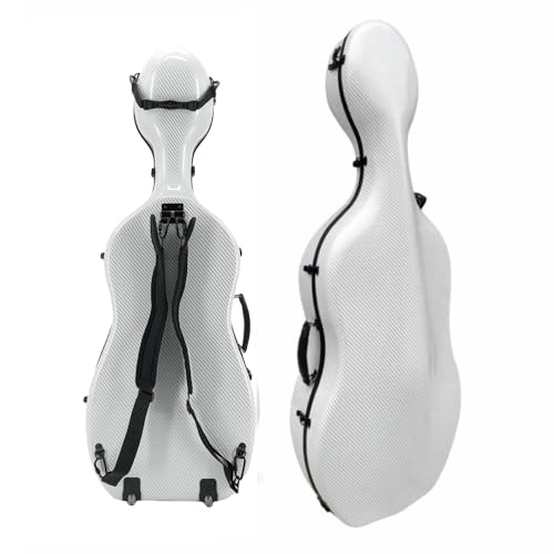 WUQIMUSC Carbon Fiber Cello Case 4/4, Durable Hard Shell Cello Case with Wheels, Backpack Straps & Padded Handles, 3.8kg, Durable Stylish Design for Travel (White)