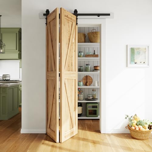 SMARTSTANDARD 4ft/48 Bi-Folding Sliding Barn Door Hardware Kit, Bifold Barn Door Hardware Kit Heavy Duty Sturdy Side Mounted for 2 Doors -Smoothly and Quietly -Easy to Install, Fit 44" Door, No Doors