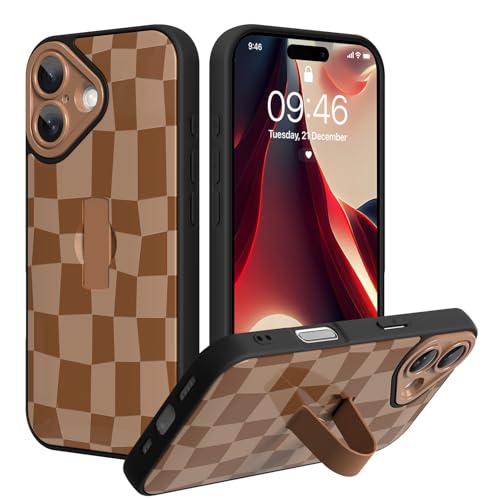 SOKAD for iPhone 17 Case with Finger Strap Kickstand, Brown Checkered
