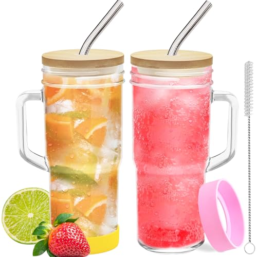 Glass Cups with Lids Straws 2Pack 24oz Mason Jar Tumblers Cup with Handle Wide Mouth Iced Coffee Cup Reusable Drinking Glasses Travel Mug for Smoothie Beer Juice Tea Gifts Clear