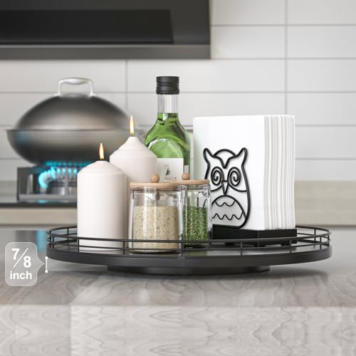 Image of 13 inch Oak Wood Lazy Susan Organizer, Lazy Susan for Cabinet Dining Table Pantry Wood Turntable Organizer Tray for Coffee Table Kitchen Countertop Salt Pepper Spice Organization and Storage Round Black
