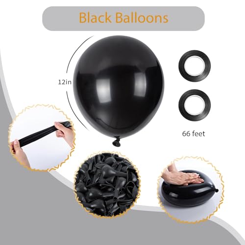 Image of 100pcs Black Balloons, Helium Quality 12 inch Black Party Balloons for Birthday, Halloween, Graduation Party Decorations (66ft Ribbons)