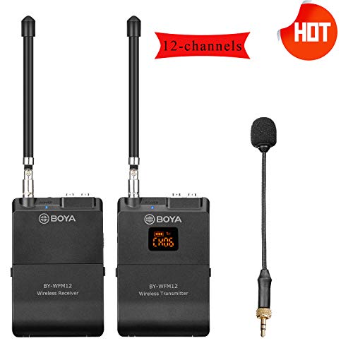 BOYA Wireless Microphone Transmitter&Receiver, 12-Channels VHF Wireless Lavalier Microphone System for Smartphone, Iphone