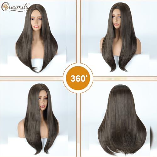 Image of Creamily 18 Inch Long Straight Brown Hair Wig for Women Full Head Natural Looking Synthetic Heat Resistant Wigs for Daily Party Cosplay Use