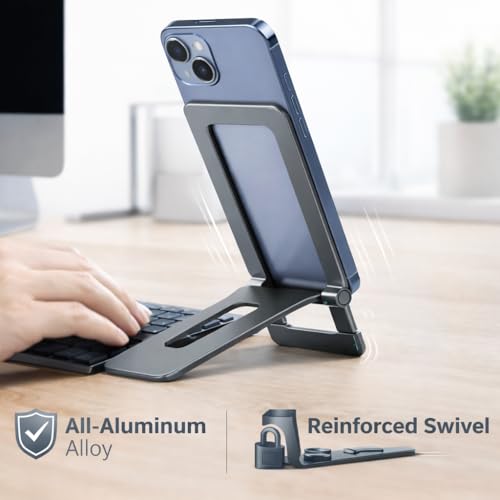 Image of Mizi Aluminium Phone Stand for Desk, Foldable Adjustable Cell Phone Holder, Portable Travel & Office Accessory Compatible with iPhone 17 16 15 14 13 Pro Max, Samsung S25 S24 S23 Ultra, Kindle - Grey
