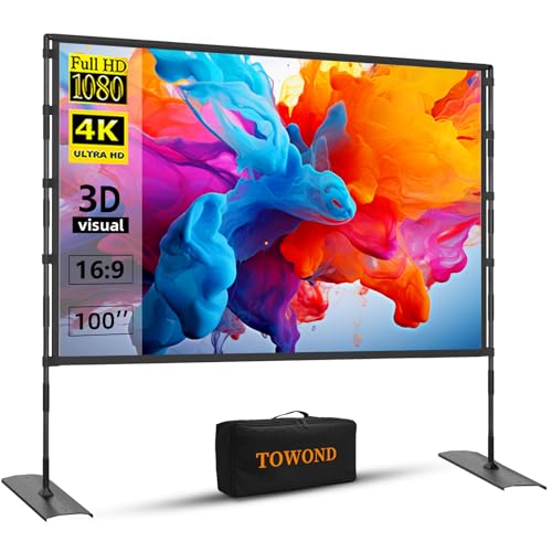 Image of TOWOND Projector Screen and Stand, 100 inch Outdoor Projector Screen Indoor, Portable Movie Screen 16:9 4K Front Rear Projection Screen with Carry Bag Wrinkle-Free Design for Home Backyard Theater