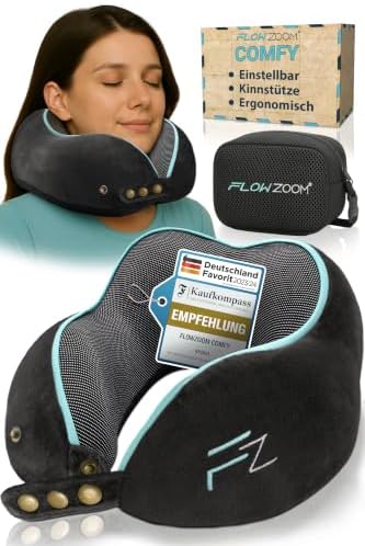 FLOWZOOM Comfy Nackenkissen für Flugzeug & Auto - Einstellbares Memoryschaum Nackenhörnchen mit flexiblen Druckknöpfen für 360° Stütze, atmungsaktiver waschbarer Bezug - inkl. Beut