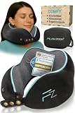 FLOWZOOM Comfy Nackenkissen für Flugzeug & Auto - Einstellbares Memoryschaum Nackenhörnchen mit flexiblen Druckknöpfen für 360° Stütze, atmungsaktiver waschbarer Bezug - inkl. Beutel - Schwarz