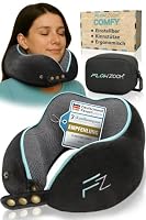 FLOWZOOM Comfy Nackenkissen für Flugzeug & Auto - Einstellbares Memoryschaum Nackenhörnchen mit flexiblen Druckknöpfen für 360° Stütze, atmungsaktiver waschbarer Bezug - inkl. Beutel - Schwarz