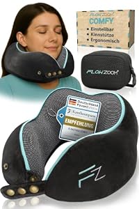 FLOWZOOM Comfy Nackenkissen für Flugzeug & Auto - Einstellbares Memoryschaum Nackenhörnchen mit flexiblen Druckknöpfen für 360° Stütze, atmungsaktiver waschbarer Bezug - inkl. Beutel - Schwarz