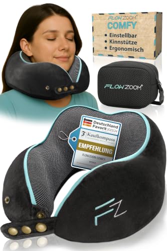 FLOWZOOM Comfy Nackenkissen für Flugzeug & Auto - Einstellbares Memoryschaum Nackenhörnchen mit flexiblen Druckknöpfen für 360 Stütze atmungsaktiver waschbarer Bezug - inkl. Beutel - Schwarz