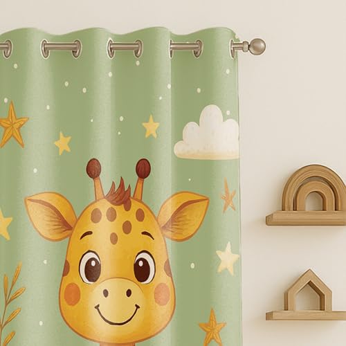 Image of STITCHNEST Velvet Kids Curtains Pack of 2 | Cartoon Giraffe & Star Print | Semi Blackout Curtains for Nursery, Baby & Toddler Room | 7 Feet