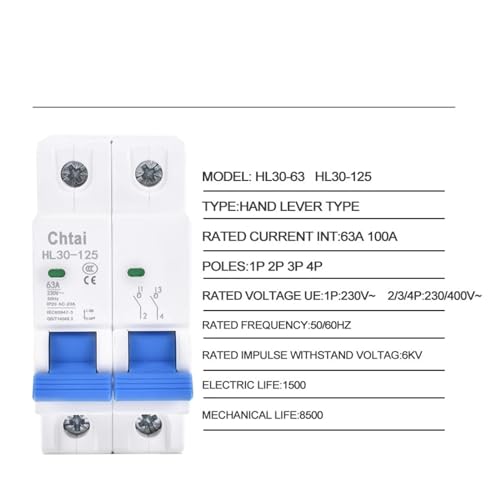 Disjoncteur à couteau double isolation 63A 100A, levier de commande manuelle monophasé rail DIN - 5