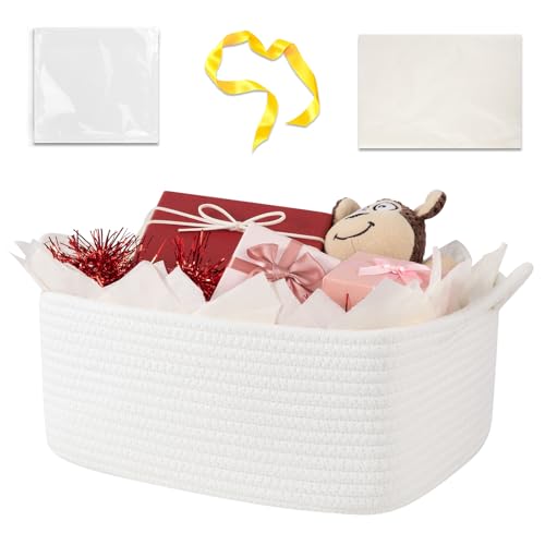 OIASKET Basket for Gifts Empty Woven Storage Basket with Gift Bag Ribbon and Wrap Tissue Paper Small Rope Toy Storage with Handles for Baby Shower Dog Toy Organizer 13.6 x 10 x 5.9