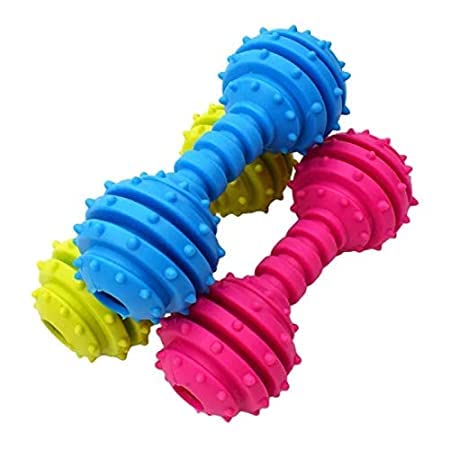 Pups&Pets Non-Toxic Soft Natural Rubber Squeaky Spiky Dumbbell with Bell Chew Toys for AggImpssive Chewers Dental Teething Cleaning Ring Design Toy - Pack of 1 (Color as per Availability) (B0B1WVWJ53) Amazon Price History, Amazon Price Tracker