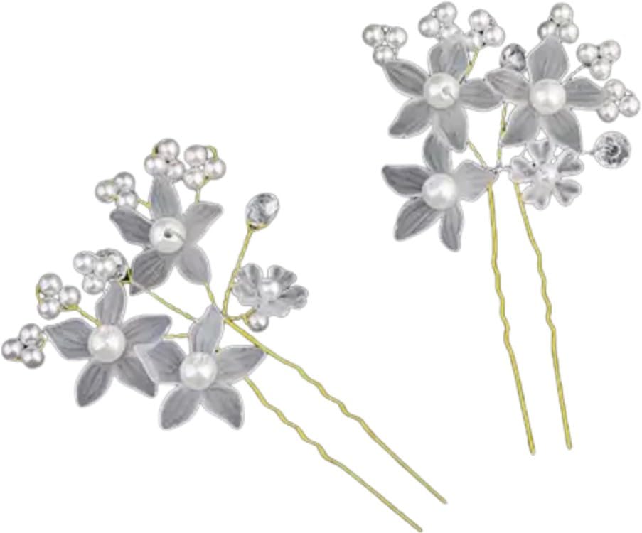 Blubby Bride Wedding Pearl Hair Pins – Pack of 2 Elegant Silver Crystal Hair Pieces & Accessories with Adjustable Copper Wires and U Shape Pins for Women and Girls (White)