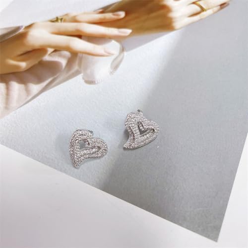 Iced out Cubic Zirconia Heart Stud Earrings for Women Sensitive Ear Dainty Trendy 925 Sterling Silver Post Sparkly Diamond Hollow Heart Hypoallergenic Studs Wedding3