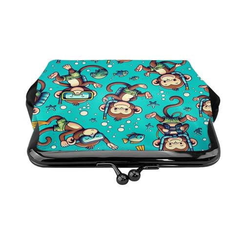 Pu Leather Buckle Coin Purse Monkey-Diving-Enjoy-Holiday Girls Kiss-Lock Change Purse Wallets2