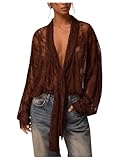 SOLY HUX Women's Lace Long Sleeve Tops Deep V Neck Sheer Mesh Top Tie Front Blouse Shirts Pure Brown Medium
