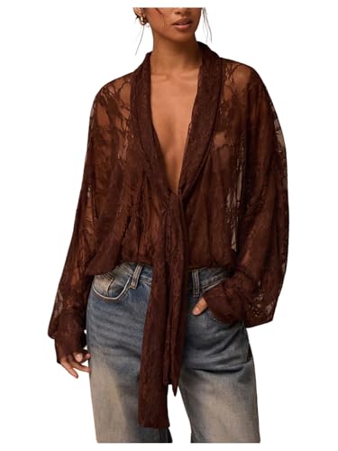 SOLY HUX Women's Lace Long Sleeve Tops Deep V Neck Sheer Mesh Top Tie Front Blouse Shirts Pure Brown Small