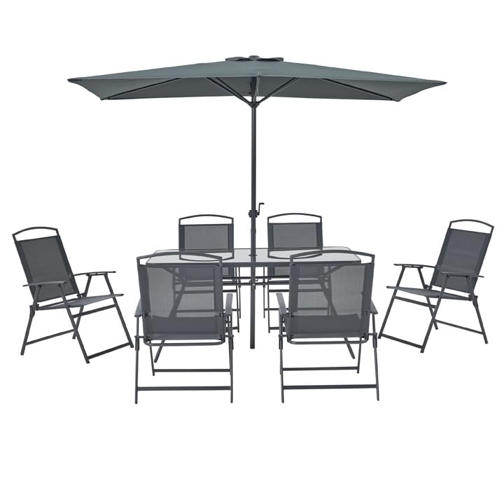 El Mejor Listado de Mesa de 6 Sillas más recomendados. 44 NATERIAL Doma | Juego de Comedor de Exterior con Mesa de Vidrio, 6 sillas Plegables de textilene y sombrilla. Diseño Duradero, Elegante y Funcional para terrazas.