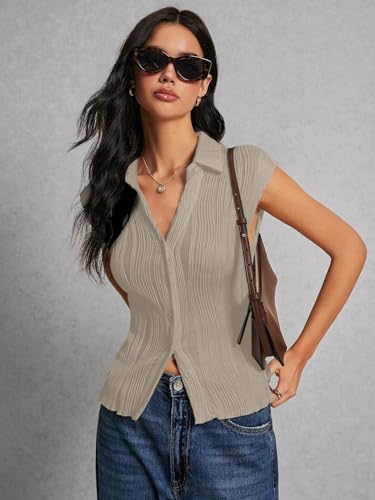 Image of GRECIILOOKS Korean Tees for Women | Tops for Woman | Collared Casual Summer Tops for Women Western | Knitted Top Button-Up Short Sleeve Crop Top |Summer Stylish Texture Korean Knit Tee