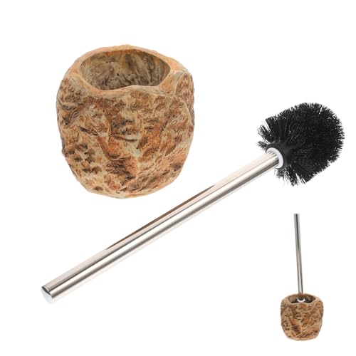 QUMIIRITY Cepillo para Inodoro Mango Ergonómico Cerdas Suaves Soporte de Base Estilo Vintage de Imitación Piedra Tamaño Compacto Accesorio Adecuado para Limpieza en Baños Domésticos