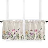 Small Window Curtain 36 Inch, Daisy Flower Butterfly Mori Girl Style Cafe Curtains for Window Rod Pocket Privacy Short Kitchen Curtains for Cafe Kitchen Bathroom, 2 Panels