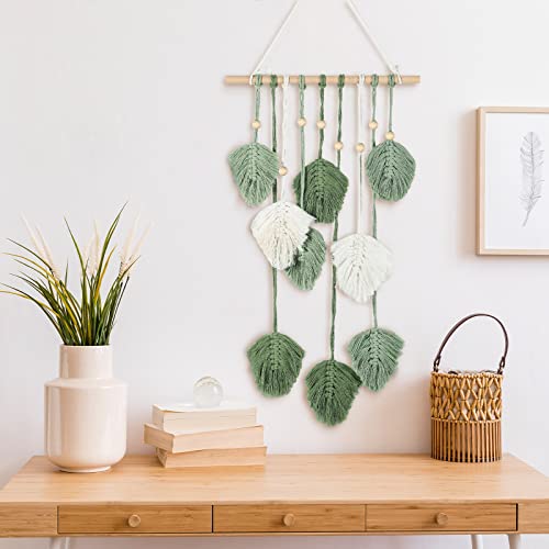 Oudain Leaves Macrame Wall Hanging Green Feather Macrame Wall Hanging Boho Wall Decor Large Leaf Yarn Wall Hanging Tapestry Handmade Woven Wall Art For Bedroom Nursery Home, 16.5 X 35.4 Inch (Green) #TOP4