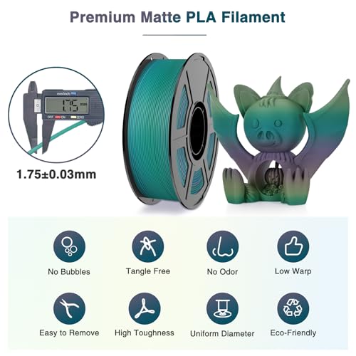 Image of Matte Rainbow PLA 3D Printer Filament, Multi-Color Changing PLA Filament 1.75mm, Matte Finish&High Precision 3D Printing Filament, 1kg Spool Aurora Whisper, Fits for Most FDM 3D Printers