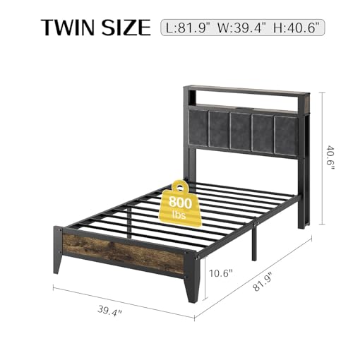 Image of OLEVS Twin Bed Frame with LED Light Storage Headboard and Charging Station Type C, Metal Platform Bed Twin Size,No Box Spring Needed, Noise Free, Easy Assembly