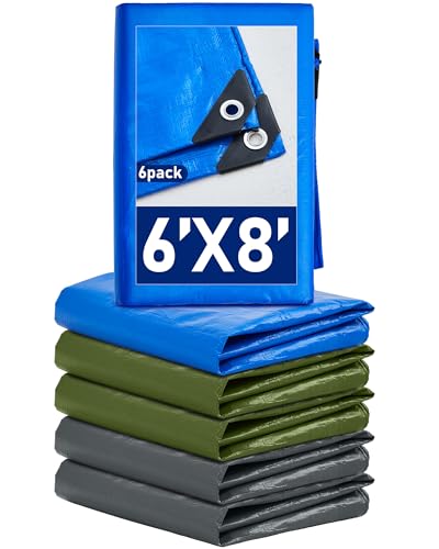 SmoothNovelty 6 Pcs Large Waterproof Tarp 6 x 8 ft Heavy Duty 5.5 Mil Thick Poly Tarpaulin with Grommets Multipurpose Protective Cover for Summer Home Boats Cars Camping Rv Pool Tent