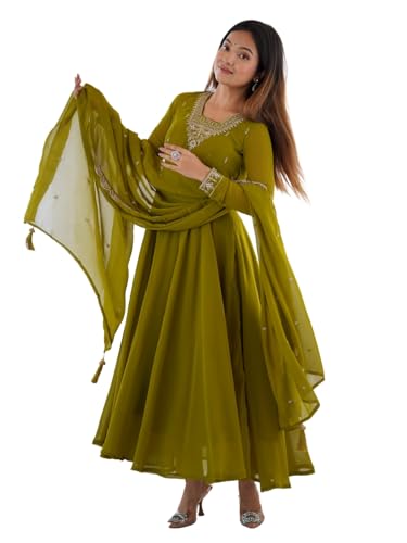 Image of FUSIONIC Premium Mehndi Green Anarkali Set with Heavy Embroidery, Dupatta & Full Stitch Finish