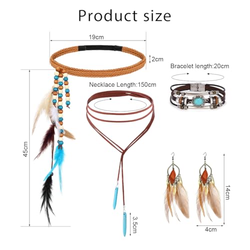 HUKUMA Boho-Kopfschmuck Damen, Hippie Schmuck Accessoires, Vintage Boho Stirnband mit Federn, Haarband Ohrringe Lederhalskette Leder-Armband,für Karneval, Fasching, Hippie Schmuck