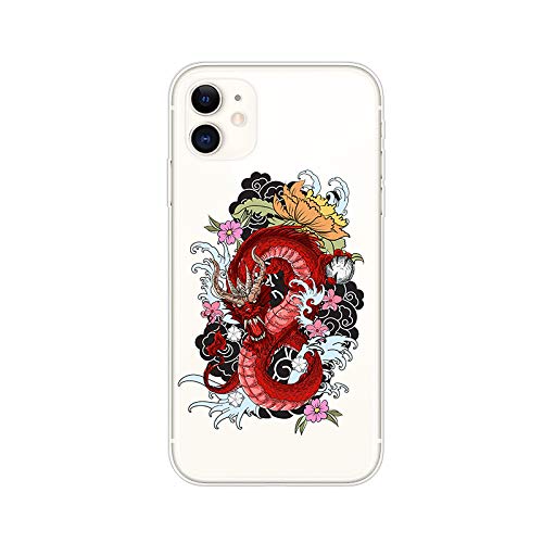 Blingy's iPhone 11 Case (6.1 inch), Graphic Cool Dragon Pattern with Totem Fun Tattoo Art Animal Style Transparent Soft TPU Protective Clear Case Compatible for iPhone 11 6.1" (Red Graphic Dragon)