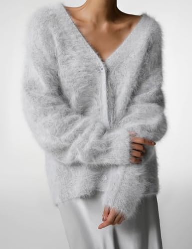 Image of COZYPOIN Womens Fuzzy Cardigan Sweater V Neck Button Down Soft Knit Coat | Loose, Comfy, Slouchy Drop Shoulder, Long Sleeve Fluffy Mohair, Warm, For Daily Work Holiday, Spring Fall Winter Fashion