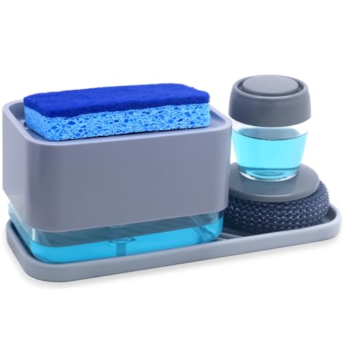 Image of HvOvMvE Dish Soap Dispenser with Sponge Holder -Dishwashing Soap Pump Dispenser for Kitchen Sink, 4-in-1 Countertop Soap Pump Dispenser wiht Brush Head, Silicone Sink Tray, Cleaning Sponges