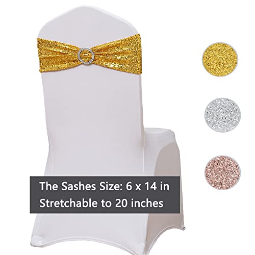 Sinssowl Gold Chair Sash 10 Pack Sequin Chair Sashes For Folding Chairs, Spandex Chair Bands Slide Buckles Gold Chair Sashes For Wedding Party Fiesta Baby Shower Chairs Decor - Gold Chair Sashes #TOP3