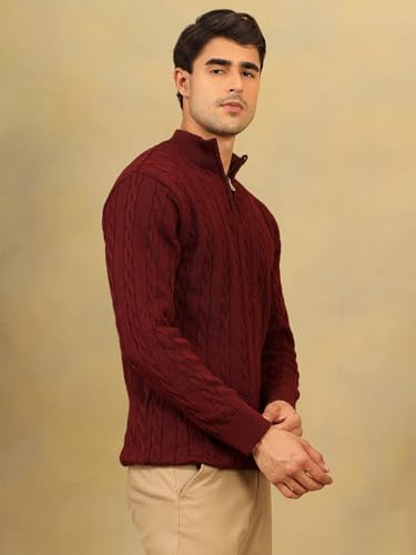 Image of Kvetoo Men's Wool High Neck Zipper Sweater, Full Sleeve Cable Knit Quarter Zip Winter Pullover