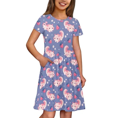 Image of Girls Dress with Pockets Basic Short Sleeve High Waist Swing Skater Dress School Party Dress for Kids